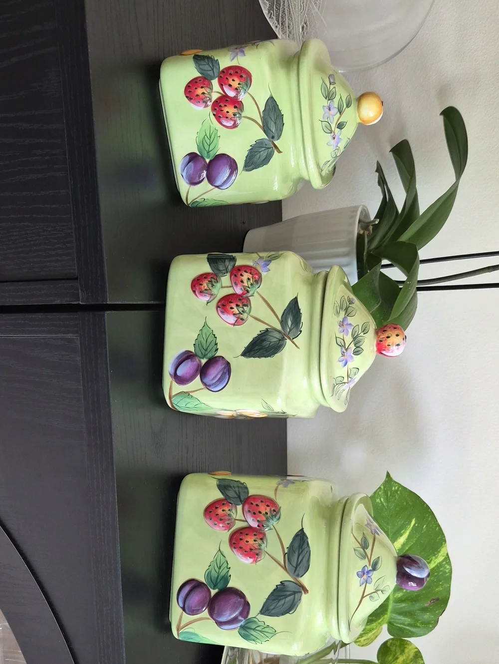 Vintage Hand-Painted Green Fruit Ceramic Canister Set Of 3